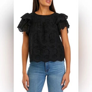 Industry Women's Double Ruffle Sleeve  Scallop Hem Eyelet Blouse Size S
